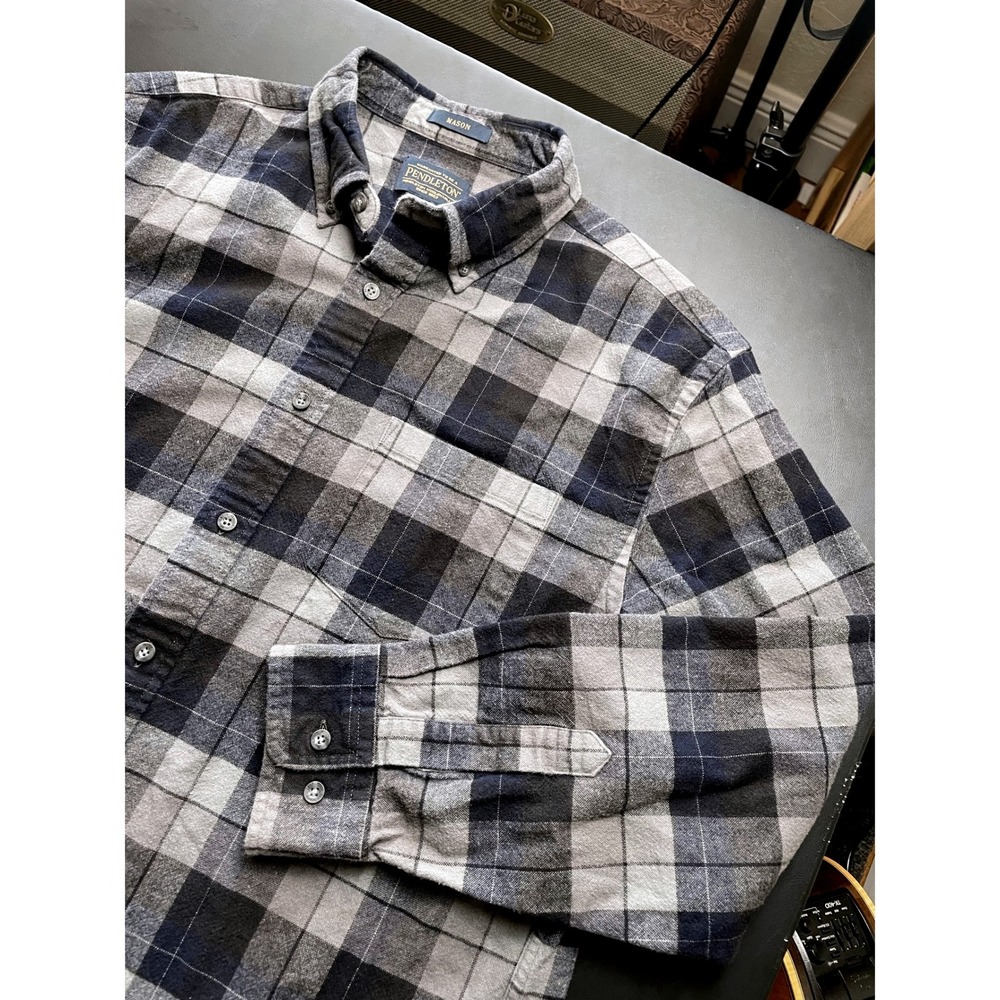 Pendleton Mason Flannel Shirt Large Mens Grey Blue Plaid Long Sleeve Cotton